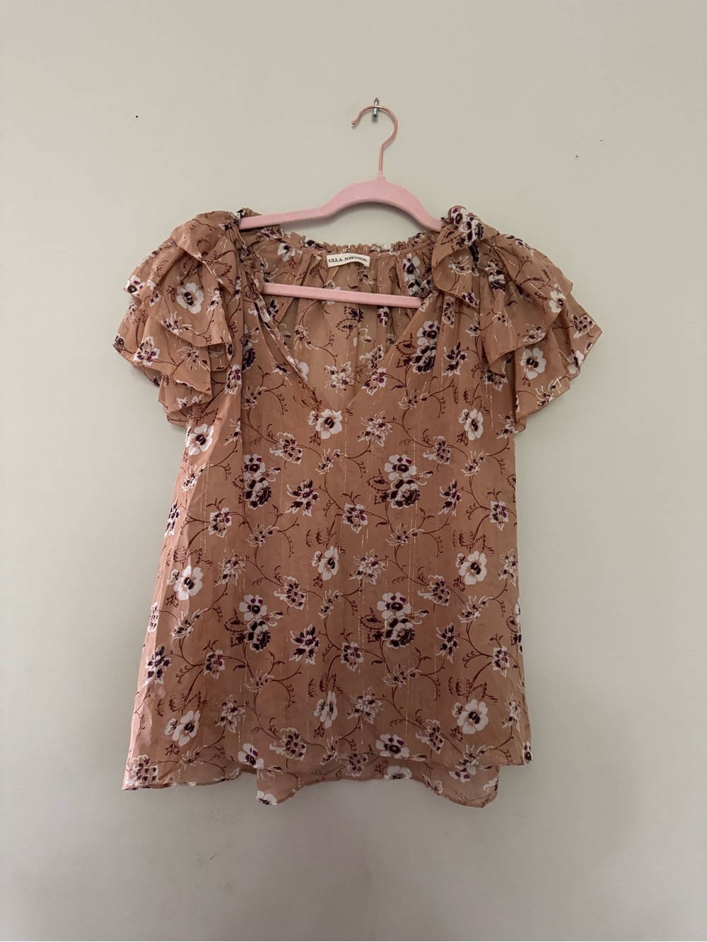 Ulla Johnson Peach Floral Ruffle-Sleeve Blouse